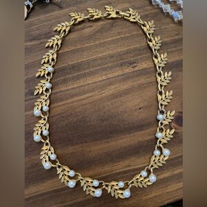 Napier Gold-Tone Leaf Necklace with White Pearls